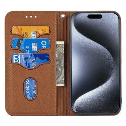For iPhone 15 Pro Max Case Woven Texture Splicing Leather Stand Phone Cover with Strap