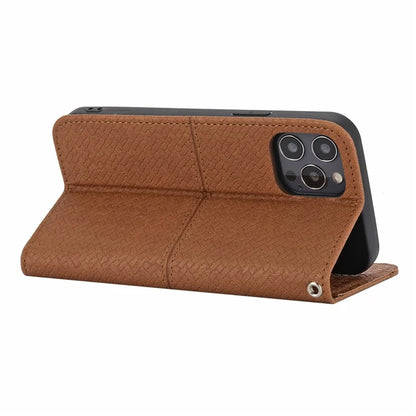 For iPhone 15 Pro Max Case Woven Texture Splicing Leather Stand Phone Cover with Strap