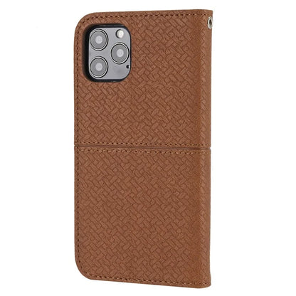 For iPhone 15 Pro Max Case Woven Texture Splicing Leather Stand Phone Cover with Strap