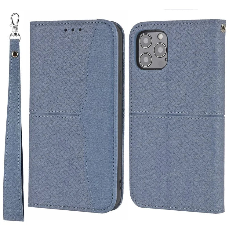For iPhone 15 Pro Max Case Woven Texture Splicing Leather Stand Phone Cover with Strap