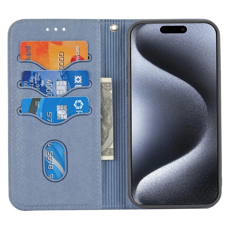 For iPhone 15 Pro Max Case Woven Texture Splicing Leather Stand Phone Cover with Strap