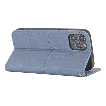 For iPhone 15 Pro Max Case Woven Texture Splicing Leather Stand Phone Cover with Strap