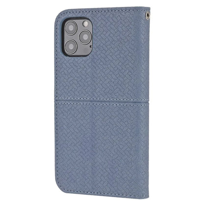 For iPhone 15 Pro Max Case Woven Texture Splicing Leather Stand Phone Cover with Strap