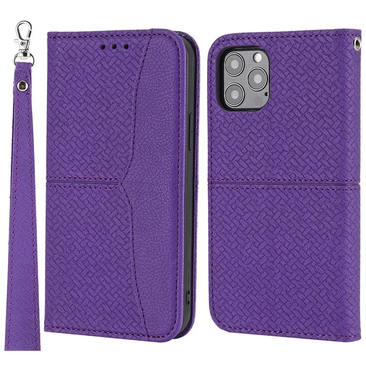 For iPhone 15 Pro Max Case Woven Texture Splicing Leather Stand Phone Cover with Strap