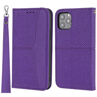 For iPhone 15 Pro Max Case Woven Texture Splicing Leather Stand Phone Cover with Strap