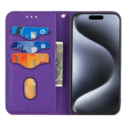 For iPhone 15 Pro Max Case Woven Texture Splicing Leather Stand Phone Cover with Strap