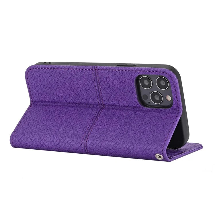 For iPhone 15 Pro Max Case Woven Texture Splicing Leather Stand Phone Cover with Strap