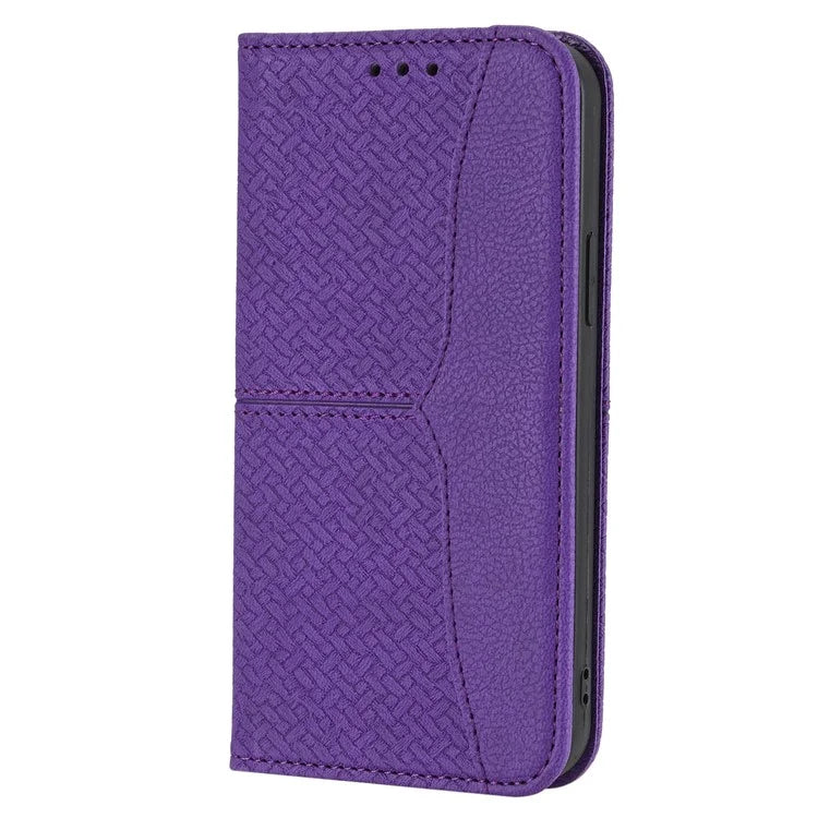 For iPhone 15 Pro Max Case Woven Texture Splicing Leather Stand Phone Cover with Strap