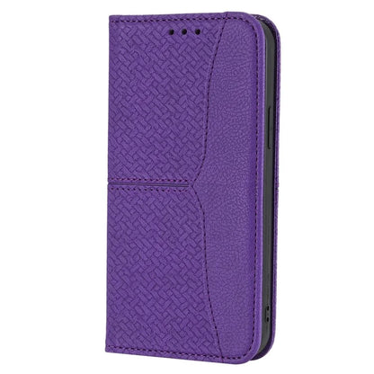 For iPhone 15 Pro Max Case Woven Texture Splicing Leather Stand Phone Cover with Strap