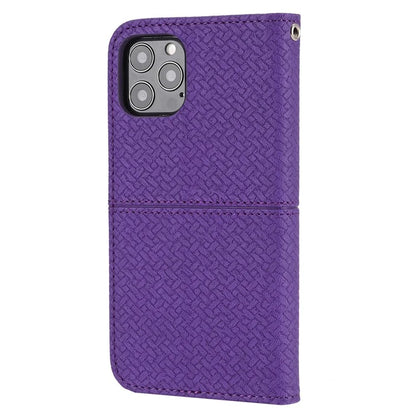 For iPhone 15 Pro Max Case Woven Texture Splicing Leather Stand Phone Cover with Strap