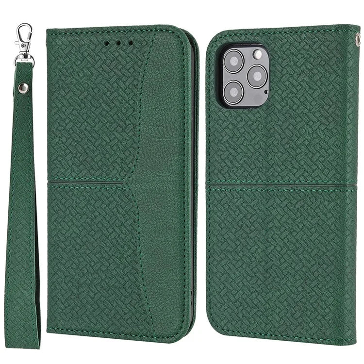 For iPhone 15 Pro Case Woven Texture Leather Wallet Mobile Phone Cover with Strap