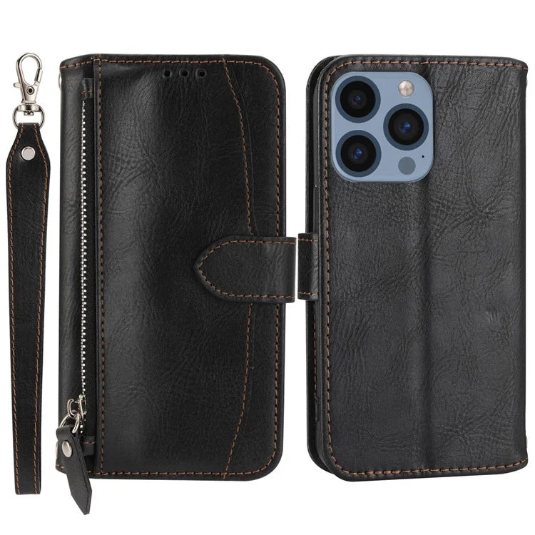 For iPhone 15 Pro Max Case Zipper Pocket Phone Cover Leather Stand Shell with 2 Straps