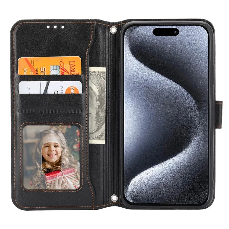For iPhone 15 Pro Max Case Zipper Pocket Phone Cover Leather Stand Shell with 2 Straps