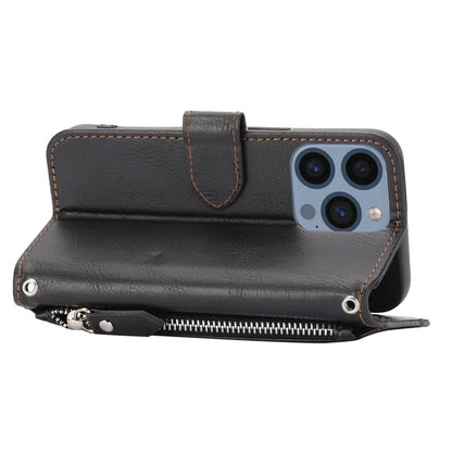 For iPhone 15 Pro Max Case Zipper Pocket Phone Cover Leather Stand Shell with 2 Straps