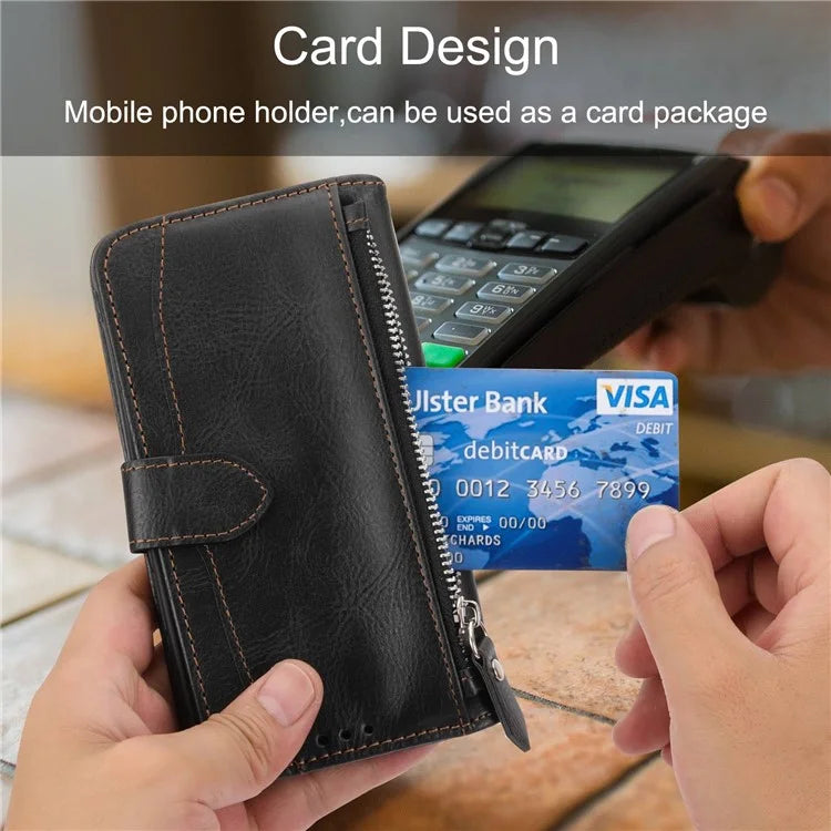 For iPhone 15 Pro Max Case Zipper Pocket Phone Cover Leather Stand Shell with 2 Straps