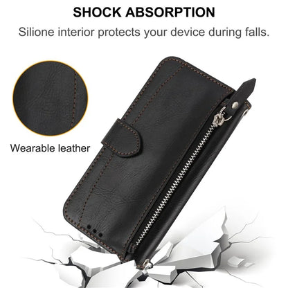 For iPhone 15 Pro Max Case Zipper Pocket Phone Cover Leather Stand Shell with 2 Straps