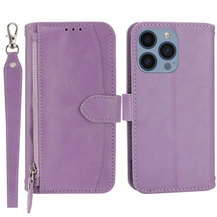 For iPhone 15 Pro Max Case Zipper Pocket Phone Cover Leather Stand Shell with 2 Straps