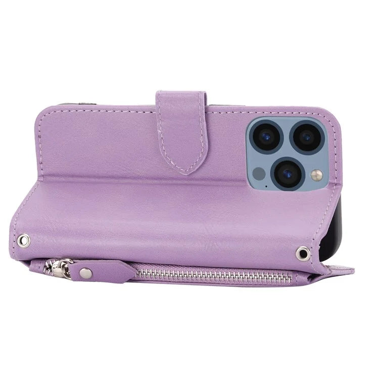 For iPhone 15 Pro Max Case Zipper Pocket Phone Cover Leather Stand Shell with 2 Straps