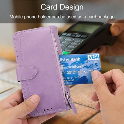 For iPhone 15 Pro Max Case Zipper Pocket Phone Cover Leather Stand Shell with 2 Straps
