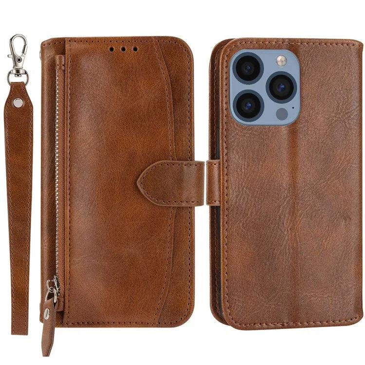 For iPhone 15 Pro Max Case Zipper Pocket Phone Cover Leather Stand Shell with 2 Straps
