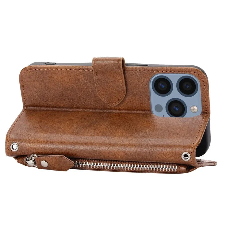 For iPhone 15 Pro Max Case Zipper Pocket Phone Cover Leather Stand Shell with 2 Straps
