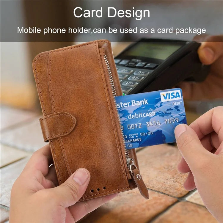 For iPhone 15 Pro Max Case Zipper Pocket Phone Cover Leather Stand Shell with 2 Straps