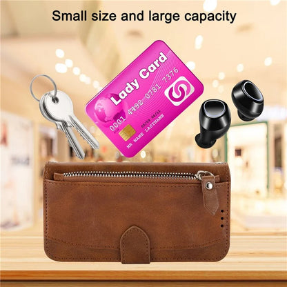 For iPhone 15 Pro Max Case Zipper Pocket Phone Cover Leather Stand Shell with 2 Straps