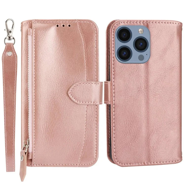 For iPhone 15 Pro Max Case Zipper Pocket Phone Cover Leather Stand Shell with 2 Straps