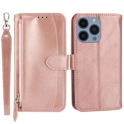 For iPhone 15 Pro Max Case Zipper Pocket Phone Cover Leather Stand Shell with 2 Straps
