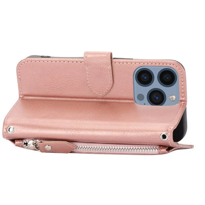 For iPhone 15 Pro Max Case Zipper Pocket Phone Cover Leather Stand Shell with 2 Straps