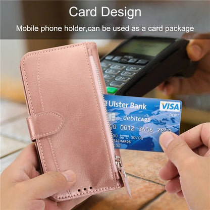 For iPhone 15 Pro Max Case Zipper Pocket Phone Cover Leather Stand Shell with 2 Straps