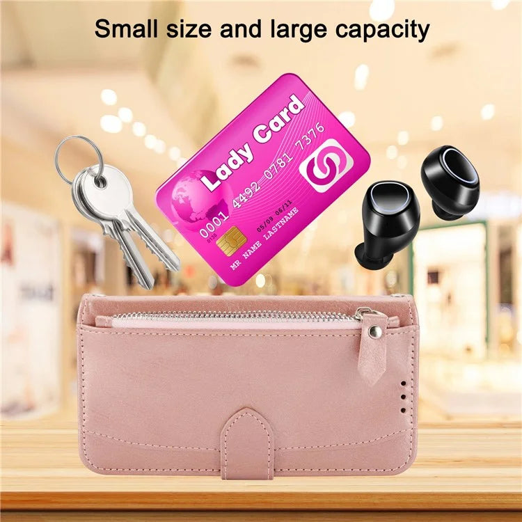 For iPhone 15 Pro Max Case Zipper Pocket Phone Cover Leather Stand Shell with 2 Straps
