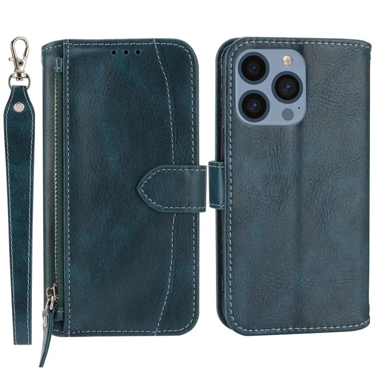For iPhone 15 Pro Max Case Zipper Pocket Phone Cover Leather Stand Shell with 2 Straps