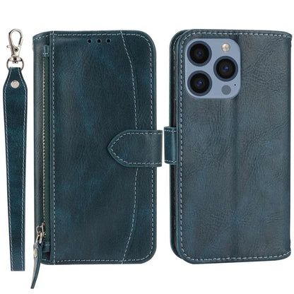 For iPhone 15 Pro Max Case Zipper Pocket Phone Cover Leather Stand Shell with 2 Straps