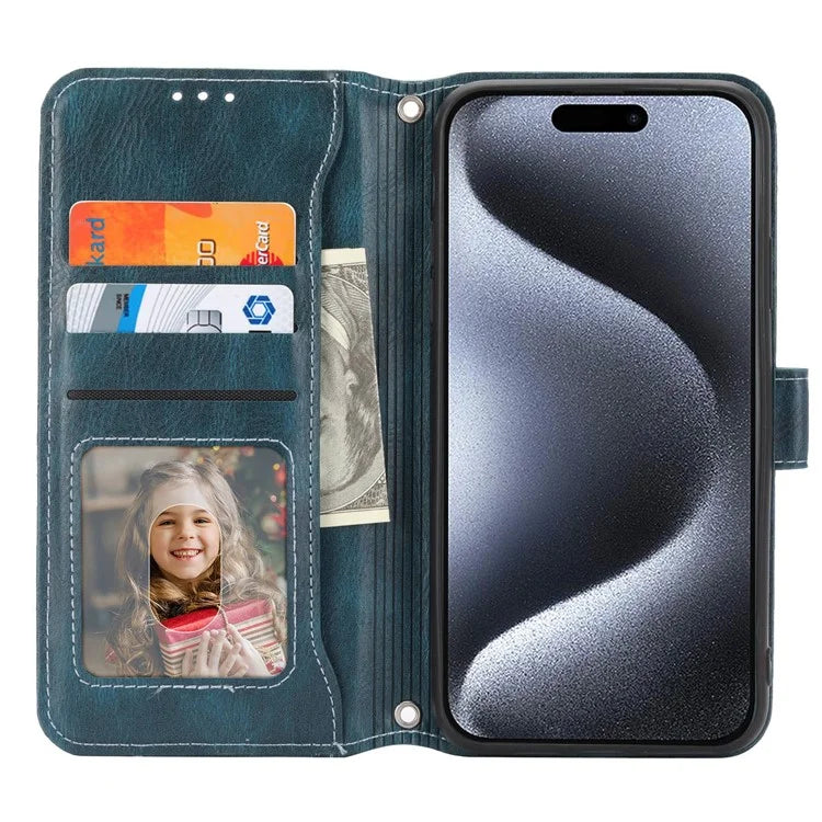 For iPhone 15 Pro Max Case Zipper Pocket Phone Cover Leather Stand Shell with 2 Straps