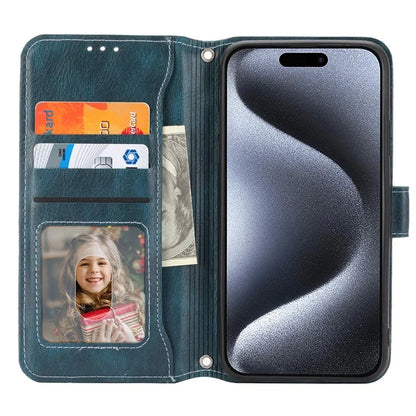 For iPhone 15 Pro Max Case Zipper Pocket Phone Cover Leather Stand Shell with 2 Straps