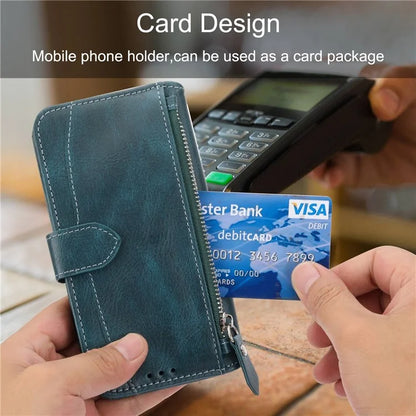 For iPhone 15 Pro Max Case Zipper Pocket Phone Cover Leather Stand Shell with 2 Straps