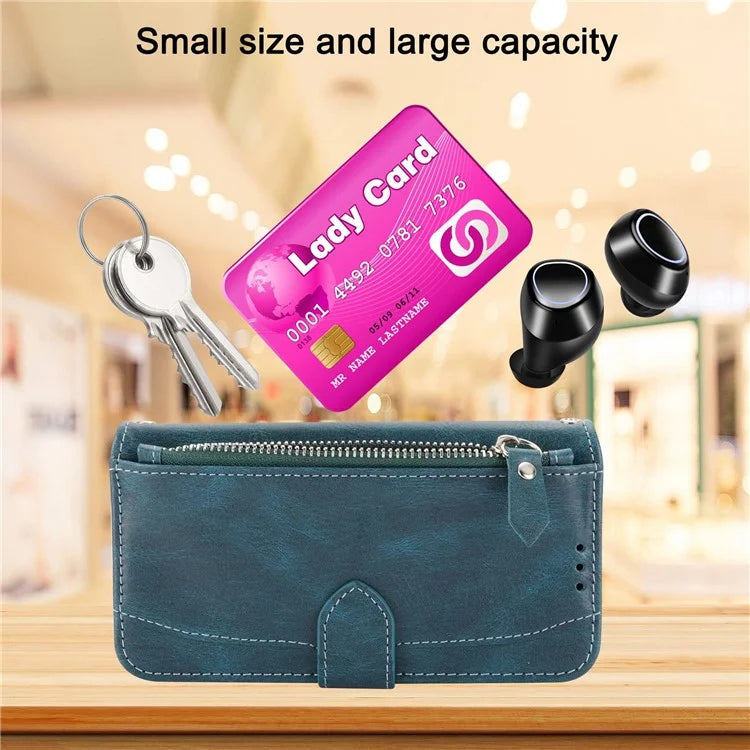 For iPhone 15 Pro Max Case Zipper Pocket Phone Cover Leather Stand Shell with 2 Straps