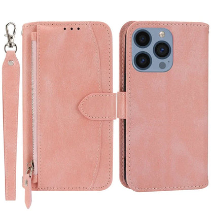 For iPhone 15 Pro Max Case Zipper Pocket Phone Cover Leather Stand Shell with 2 Straps