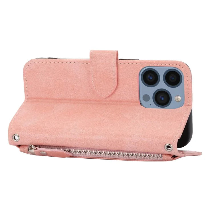 For iPhone 15 Pro Max Case Zipper Pocket Phone Cover Leather Stand Shell with 2 Straps