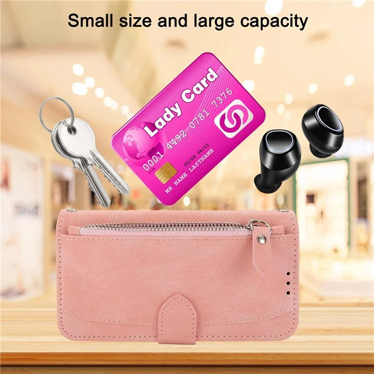 For iPhone 15 Pro Max Case Zipper Pocket Phone Cover Leather Stand Shell with 2 Straps