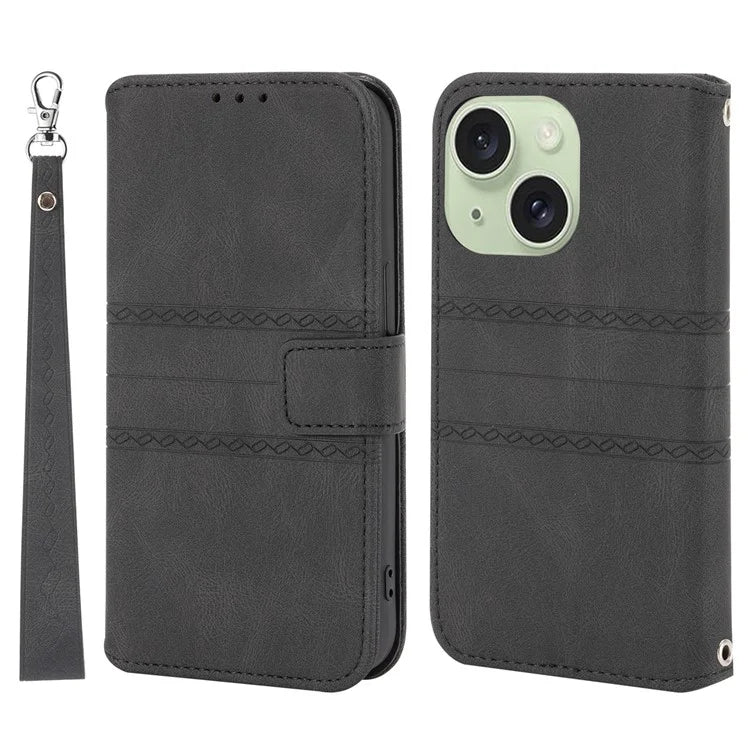 For iPhone 15 Case Imprinted PU Leather Stand Wallet Anti-scratch Phone Shell with Strap