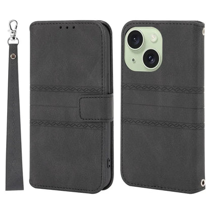 For iPhone 15 Case Imprinted PU Leather Stand Wallet Anti-scratch Phone Shell with Strap