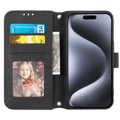 For iPhone 15 Case Imprinted PU Leather Stand Wallet Anti-scratch Phone Shell with Strap