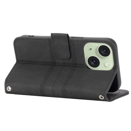 For iPhone 15 Case Imprinted PU Leather Stand Wallet Anti-scratch Phone Shell with Strap