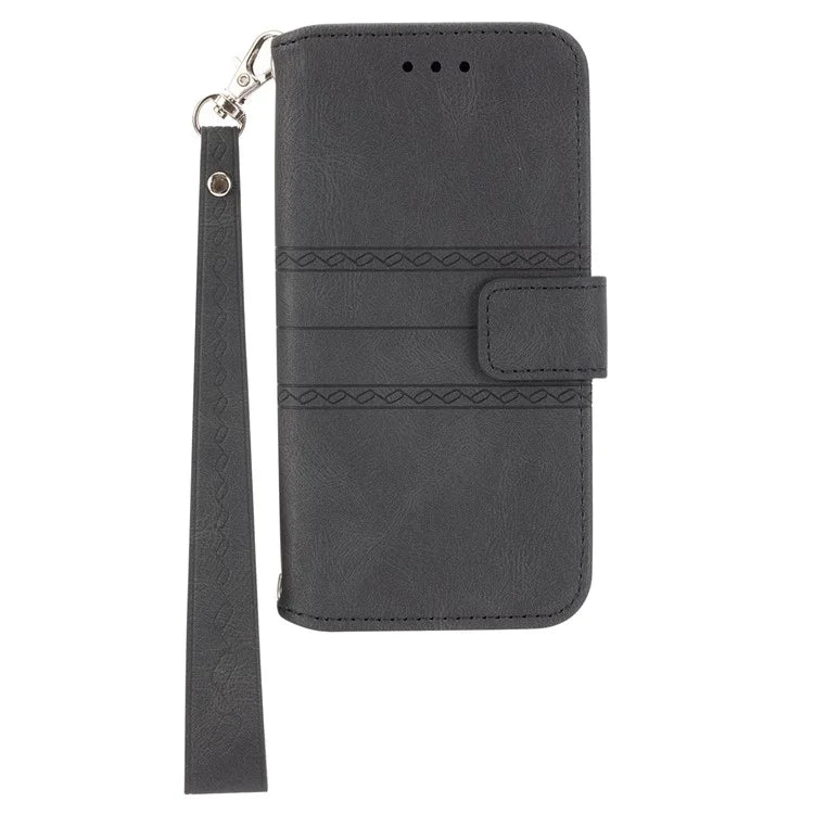 For iPhone 15 Case Imprinted PU Leather Stand Wallet Anti-scratch Phone Shell with Strap