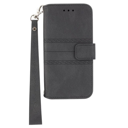 For iPhone 15 Case Imprinted PU Leather Stand Wallet Anti-scratch Phone Shell with Strap