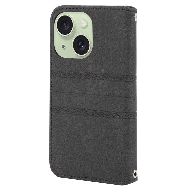 For iPhone 15 Case Imprinted PU Leather Stand Wallet Anti-scratch Phone Shell with Strap