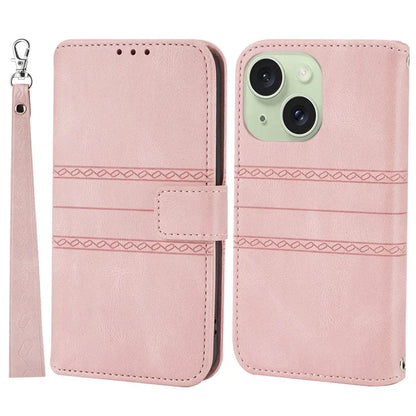For iPhone 15 Case Imprinted PU Leather Stand Wallet Anti-scratch Phone Shell with Strap