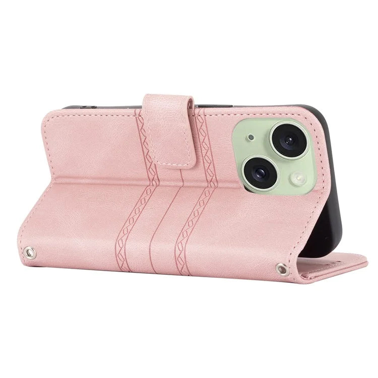For iPhone 15 Case Imprinted PU Leather Stand Wallet Anti-scratch Phone Shell with Strap